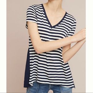 Anthropologie Eri + Ali Brette V-Neck Navy Blue Mixed Stripes Tee T-shirt XXS